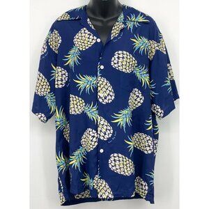 Kona Bay Mens Large Pineapple Aloha Button Up Shirt Blue Yellow Short Sleeve EUC